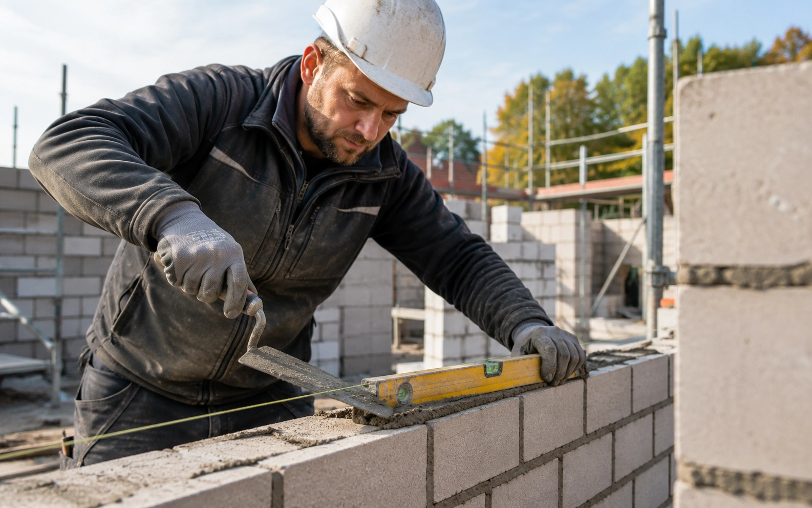 Professionelle Maurerarbeiten auf einer Baustelle